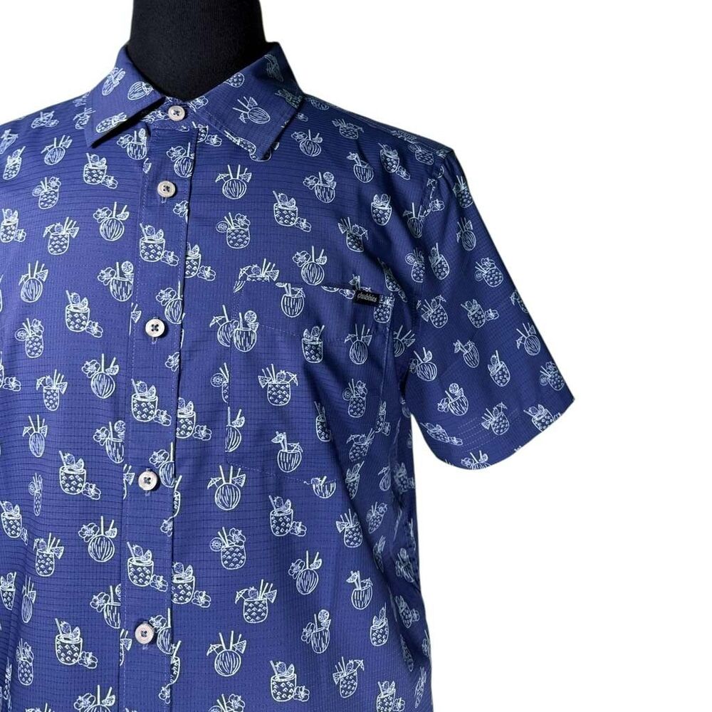 Chubbies Mens Blue Stretch Button Up Shirt Medium Short Sleeve Tropical Cocktail - Picture 5 of 9